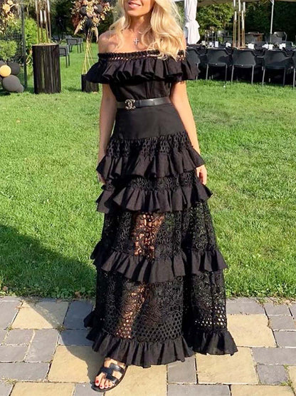 One-shoulder Ruffled Hollow Swing Lace Maxi Dresses