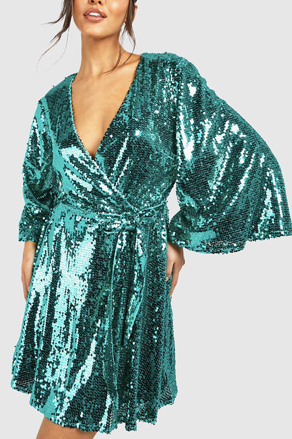 Solid Color Loose Sequined V-neck Tie Mini Dress