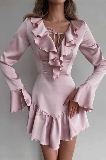 Tie Neck Deep V-Neck Ruffle Trim Flare Cuff Long Sleeve Mini Dress