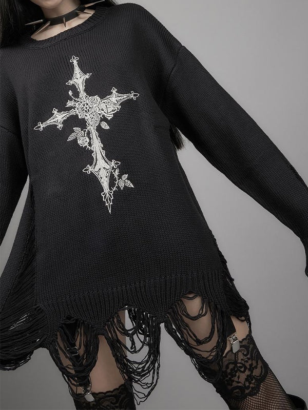 Cross Print Cutout Tattered Design Sweater