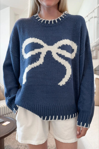 Slouchy Bow Jacquard Loose Pullover Sweater