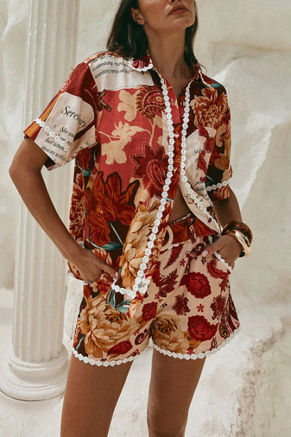 Unique Printed Collared Short-sleeved Loose-fitting Shirt and Casual Floral Trim Shorts Set