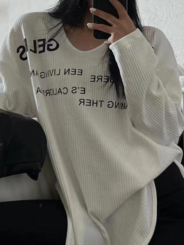 Letter Print U Neck Irregular Slit Long Sleeve Knit