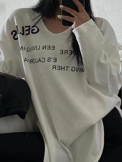 Letter Print U Neck Irregular Slit Long Sleeve Knit