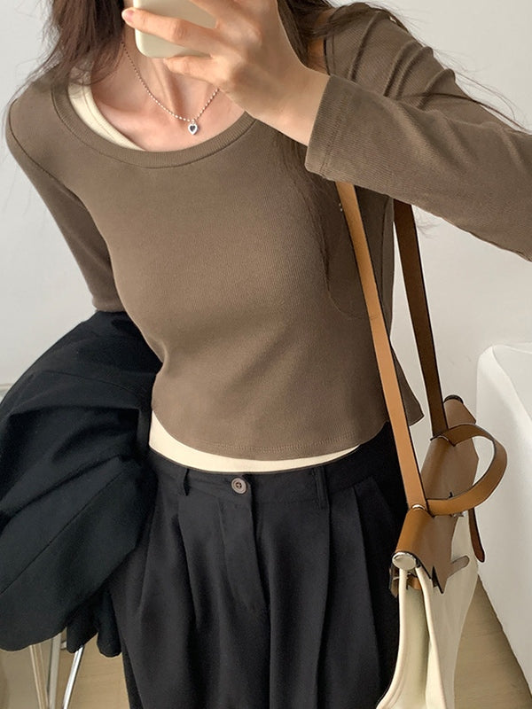 Contrast Color Fake Two Piece Long Sleeve Knit