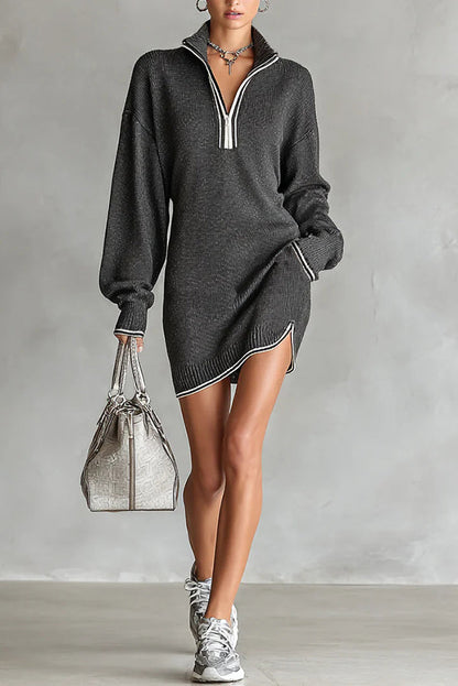 Fashionable Loose-fitting Long-sleeved Collared Zip-up Casual Knitted Mini Dress
