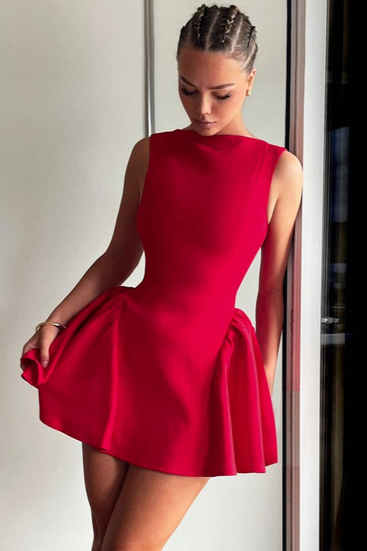 Boat Neck Sleeveless Drop-Waist Gathered Panel Fit-and-Flare Mini Dress