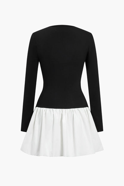 Patchwork Long-Sleeve Mini Dress