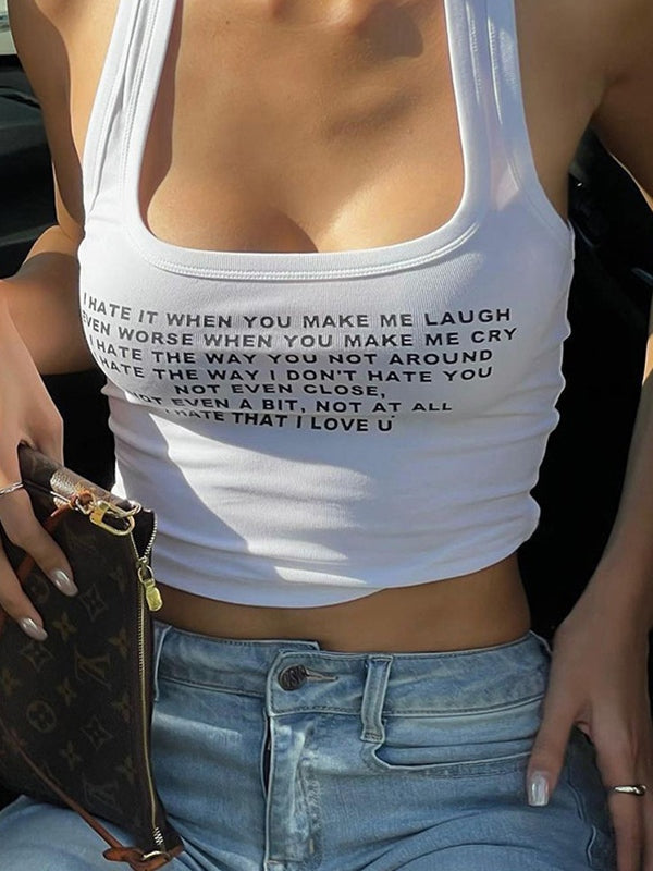 Letter Print Navel Bare Slim Fit Short Tank Top