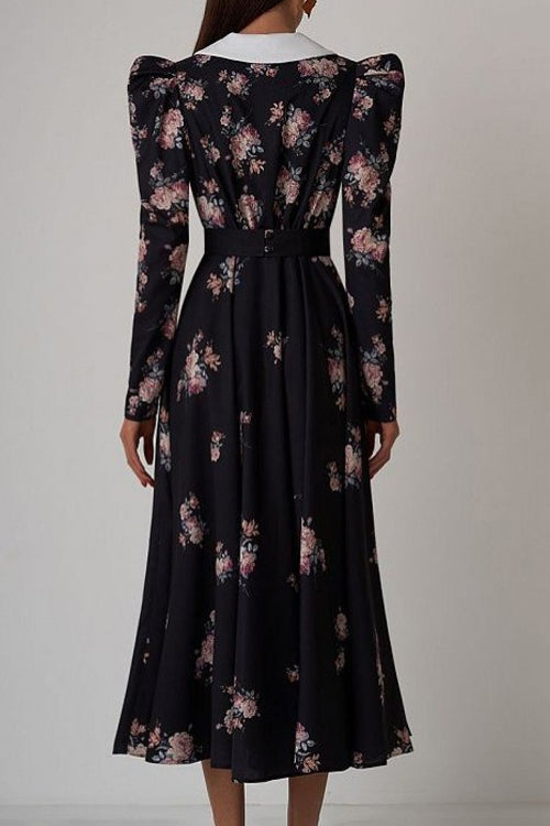 Pointed Collar Puff Shoulder Long Sleeve Cinched Waist Floral Midi Dress