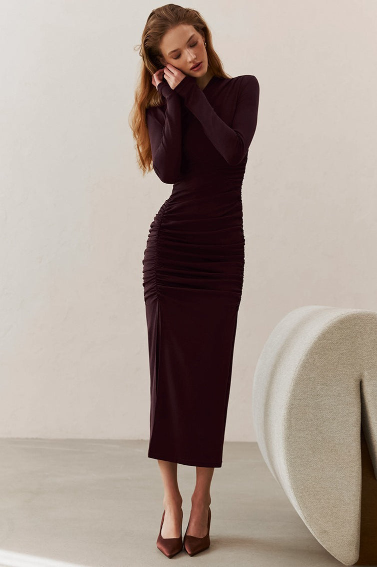Surplice V-Neck Long Sleeve Side Slit Ruched Bodycon Midi Dress