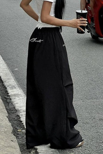 Contrast Waist Lace Trim Relaxed Long Pants