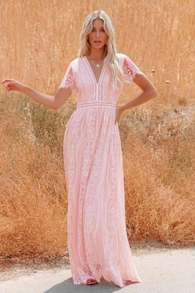 V-Neck Flutter Sleeve Ladder-Trim Lace Boho Maxi Dress