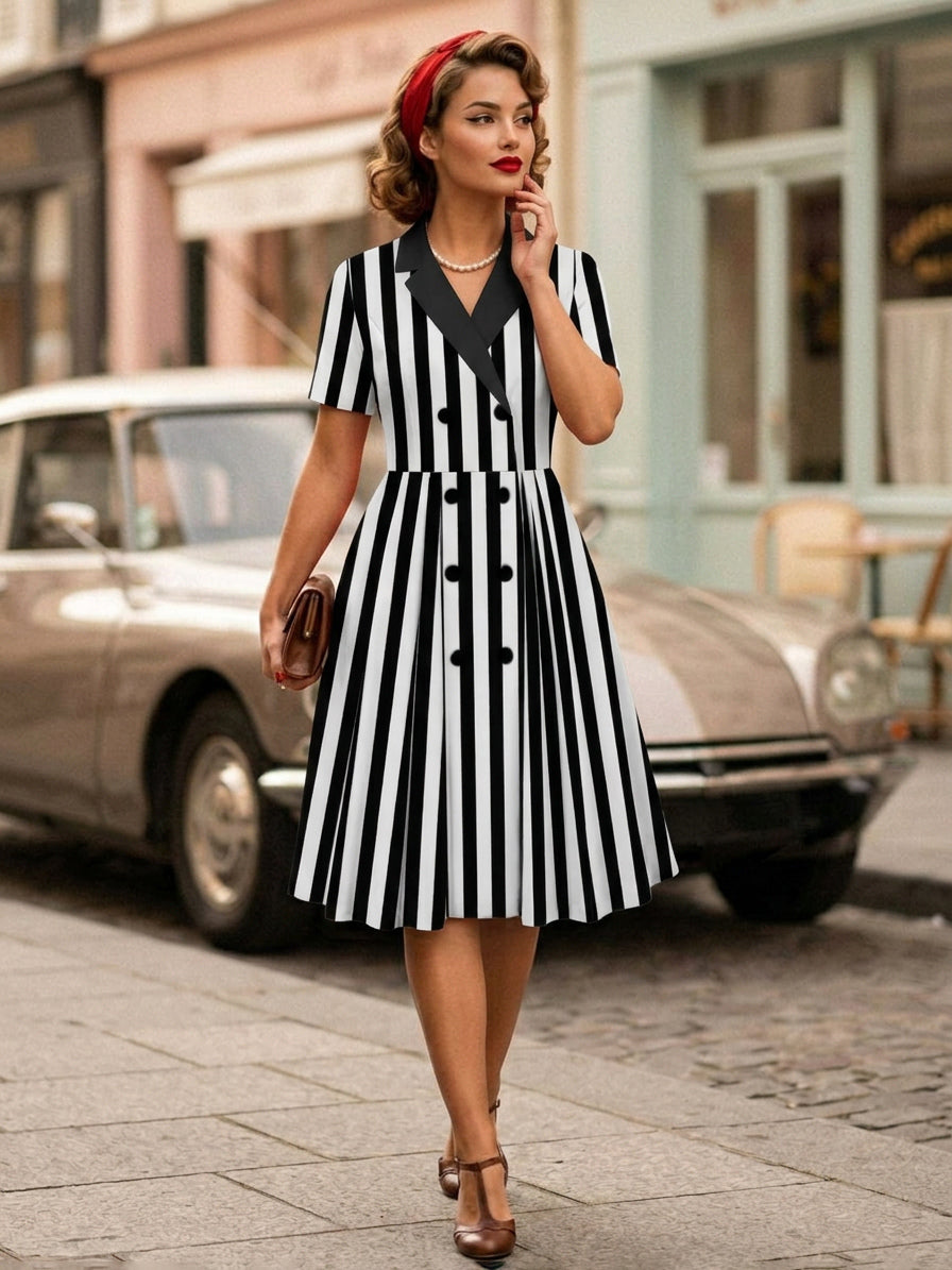 Vintage 1950s Swing Dress for Women - A Line Double Breasted Lapel Collar Rockabilly Midi Tea Dress - Summer Cocktail 2026