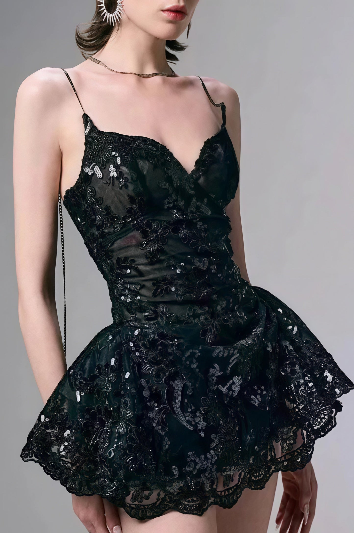 Deep V-Neck Spaghetti Strap Floral Lace Peplum Mini Dress