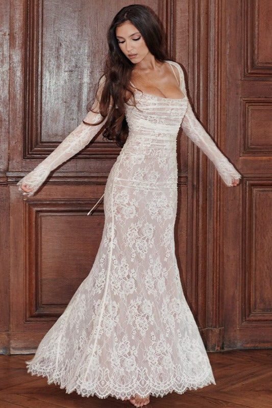 Square Neck Long Sleeve Ruched Bodice Floral Lace Mermaid Maxi Gown