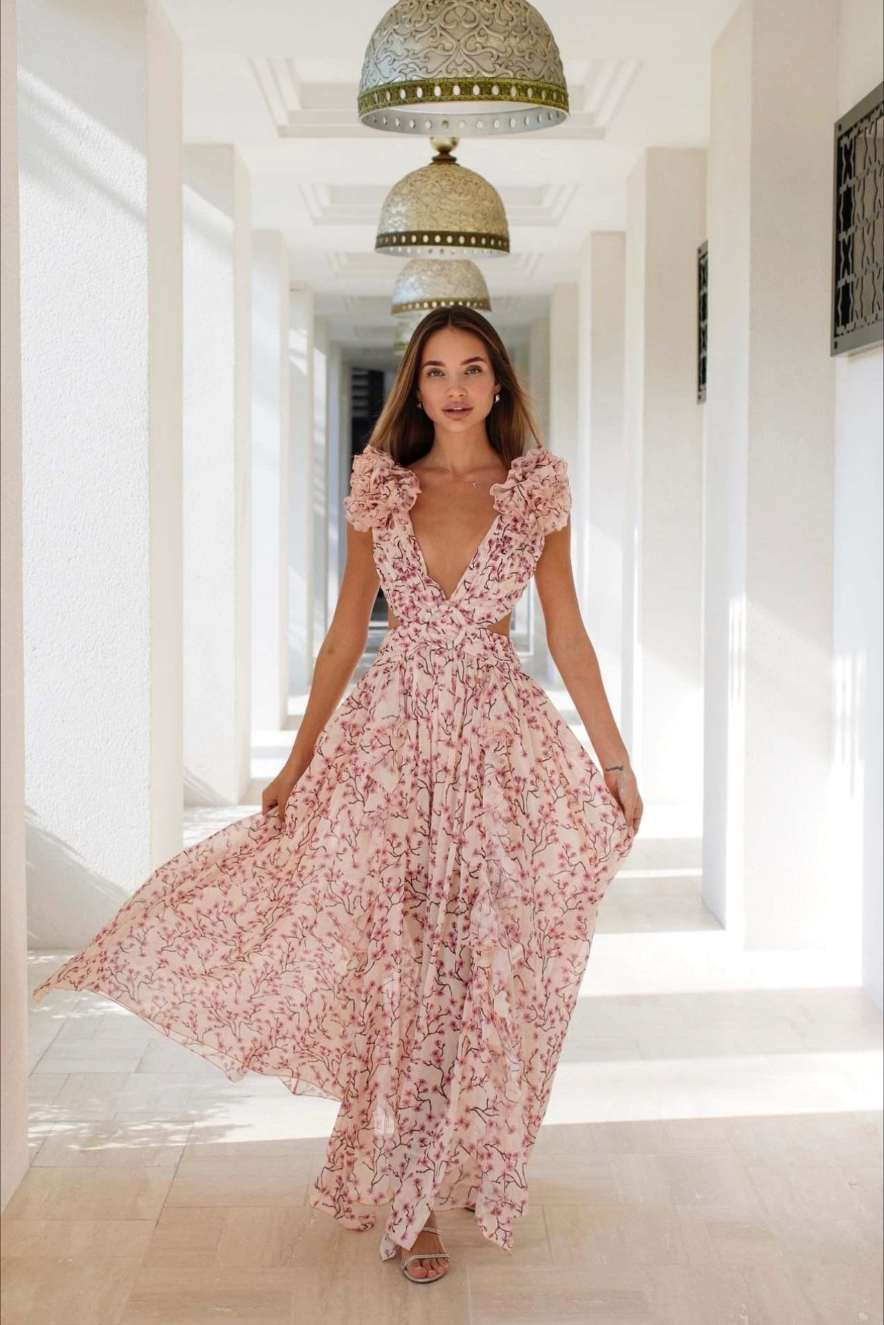 Blossom Print Ruffle Neckline Cutout Tiered Ruffle Maxi Dress