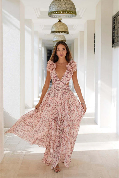 Blossom Print Ruffle Neckline Cutout Tiered Ruffle Maxi Dress