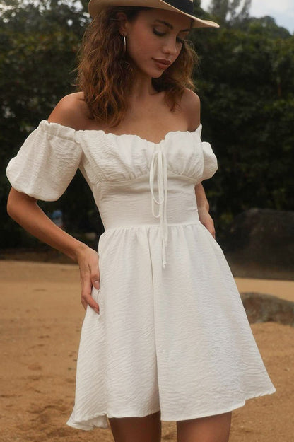 Off Shoulder Puff Sleeve Drawstring Tie Ruched Bodice Fit and Flare Mini Dress