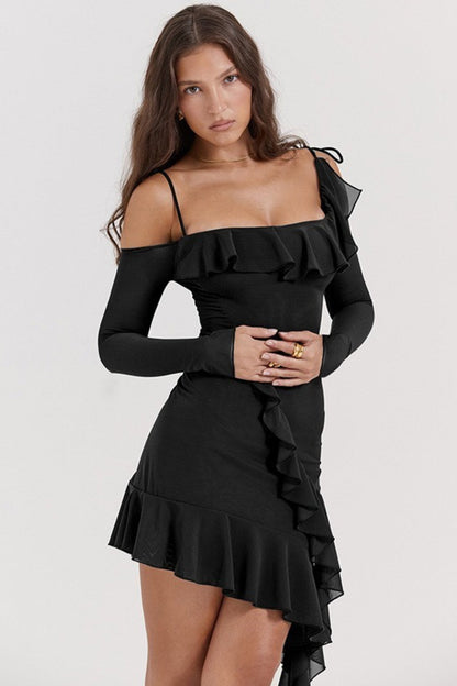 Square Neck Ruffle One Shoulder Long Sleeve Asymmetric Ruffle Hem Mini Dress