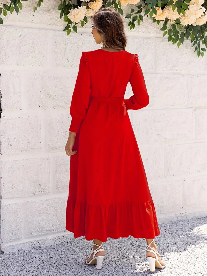 Crew Neck Smocked Cuff Tie-Waist Ruffle Hem Maxi Dress