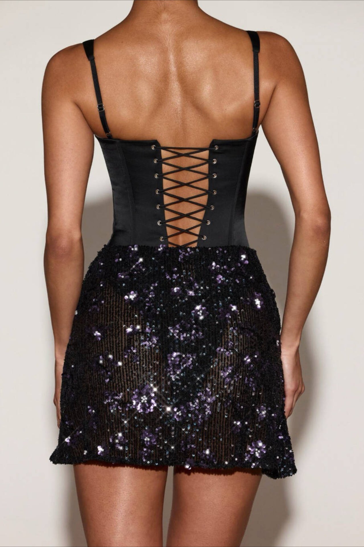 Satin Corset Bodice Scoop Neck Sequin Embellished Drop Waist Mini Dress