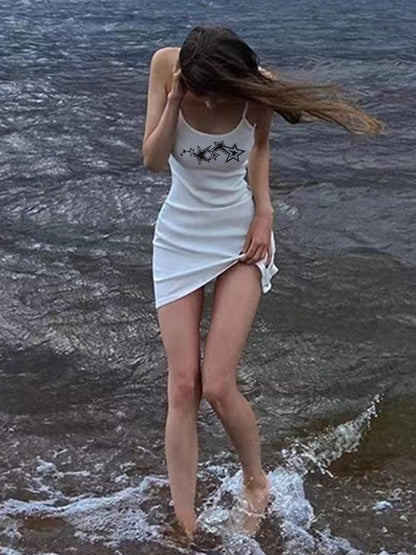 Star Print Casual White Crewneck Mini Dress