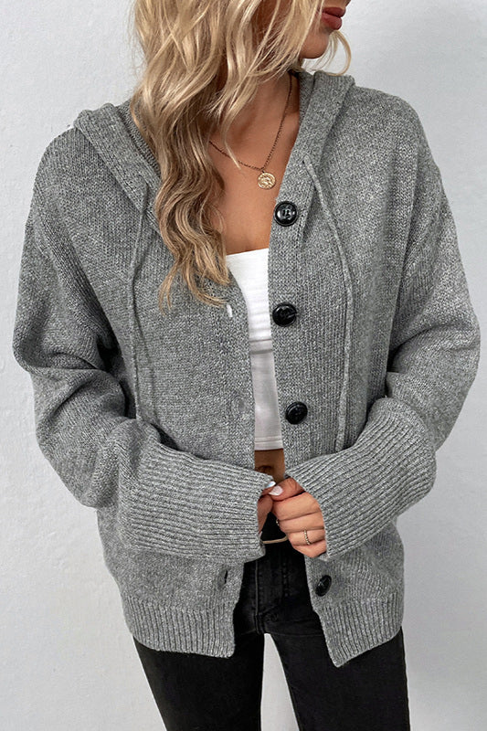 Solid Color Hooded Button Drawstring Knit Cardigan