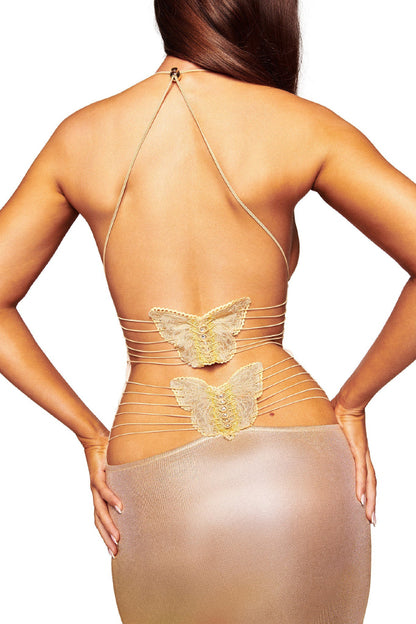 Fashionable Metallic V-neck Backless Butterfly Fitted Maxi Dress