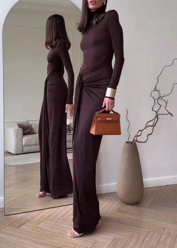 Mock Neck Long Sleeve Ruched Draped Panel Bodycon Maxi Dress