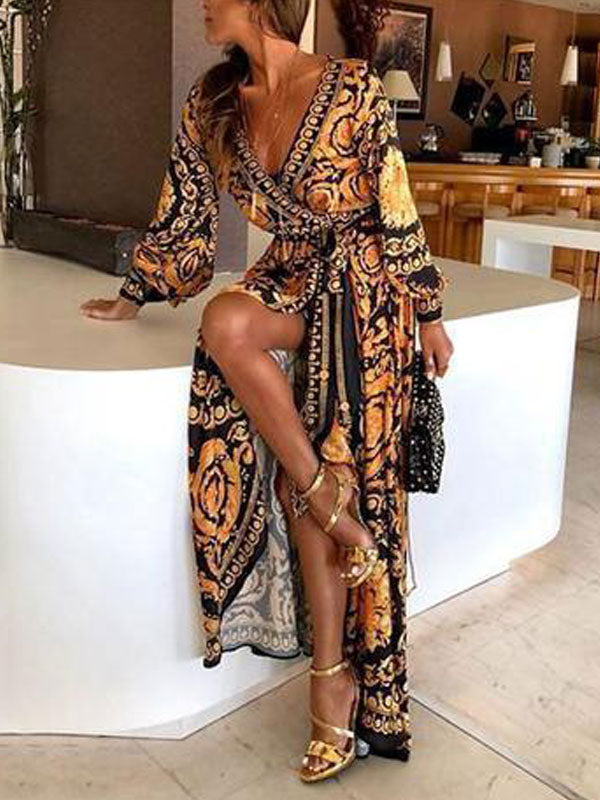 Boho Maxi Dresses Long Sleeves Printed V-Neck Slit Long Dress For Women