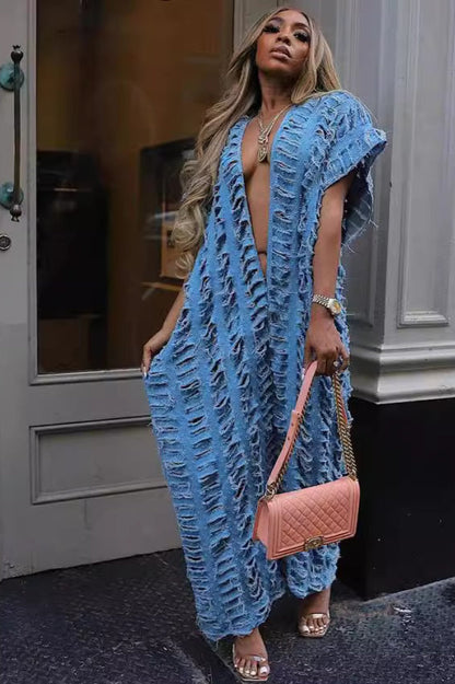 Distressed Denim Deep V Baggy Wide Leg Jumpsuit