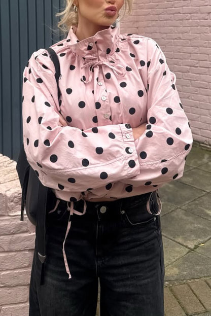 Polka Dot Print Loose Stand Collar Button Bow Tie Casual Long-sleeved Jacket