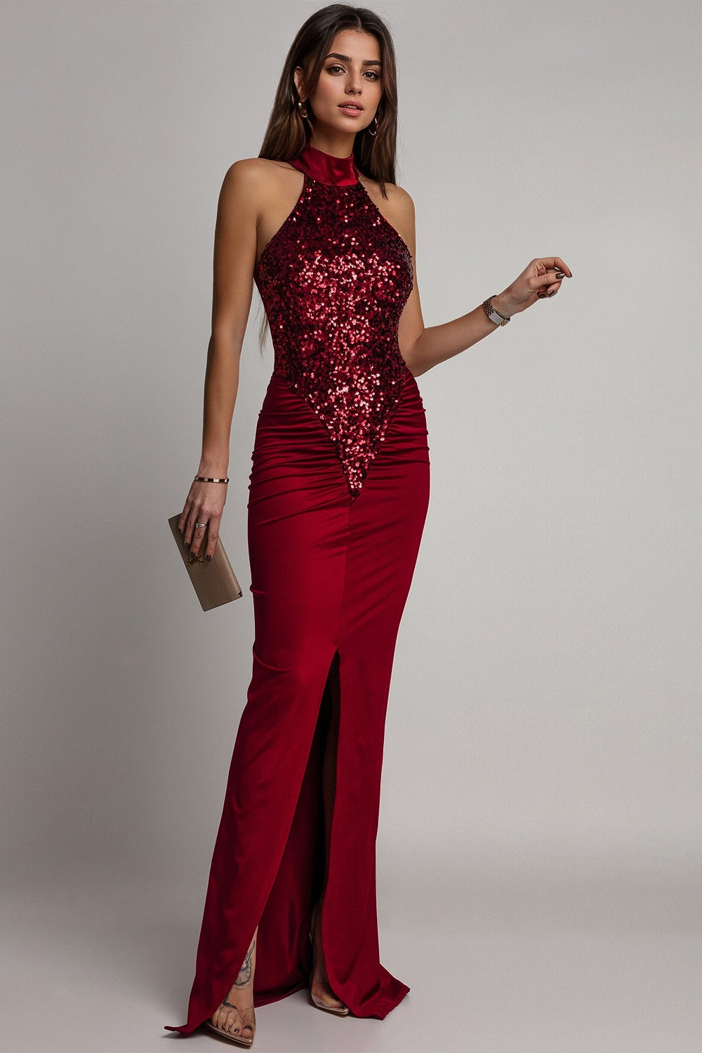Halter Neck Sequin Bodice Ruched Satin High Split Maxi Dress