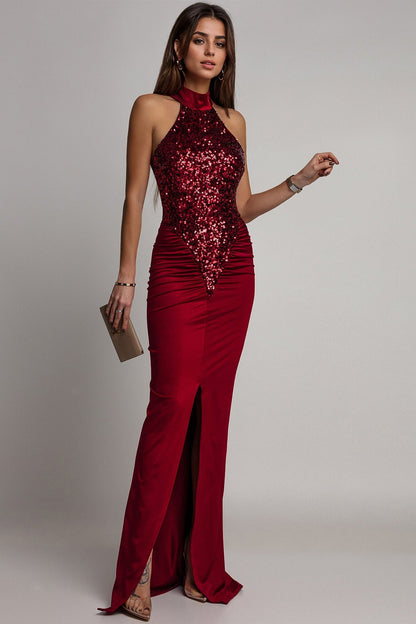 Halter Neck Sequin Bodice Ruched Satin High Split Maxi Dress