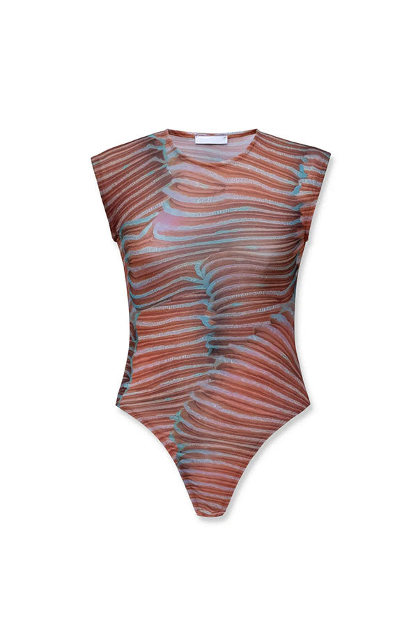 Bella Stretch Mesh Unique Print Bodysuit and High Rise Elastic Waist Maxi Skirt Set