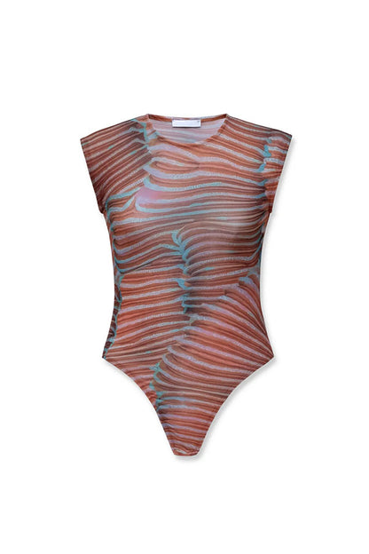 Bella Stretch Mesh Unique Print Bodysuit and High Rise Elastic Waist Maxi Skirt Set