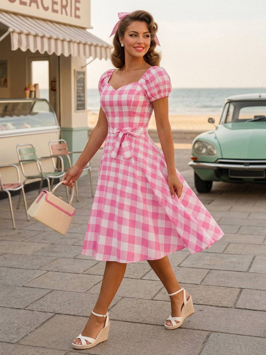 Retro Glamour Dress Sweetheart Neck Puff Sleeves Polka Dots Casual Long Dresses