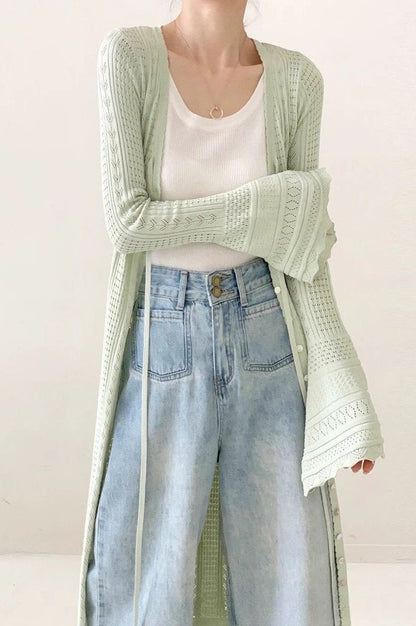 Lightweight Light Green V-Neck Bell-Sleeve Lace-Up Midi Knit Cardigan