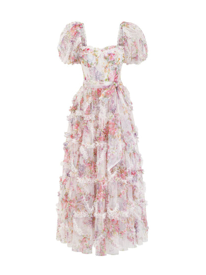 Floral Dress Floral Print Puff Sleeves Belted Sweet Party Prom Maxi Dresses