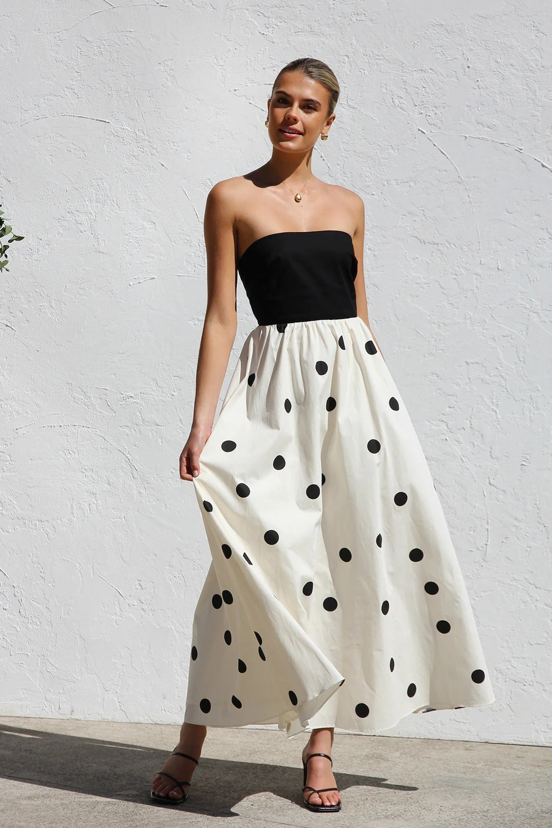 Polka Dot Strapless Bandeau Bodice Gathered Full Skirt A-Line Maxi Dress