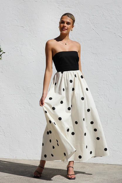 Polka Dot Strapless Bandeau Bodice Gathered Full Skirt A-Line Maxi Dress