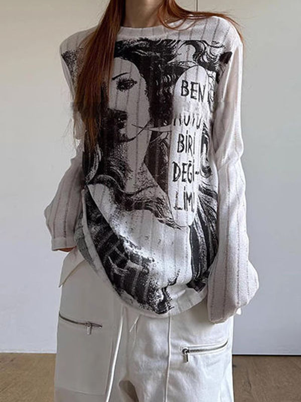 Cutout Portrait Graffiti Print Long Sleeve Knit