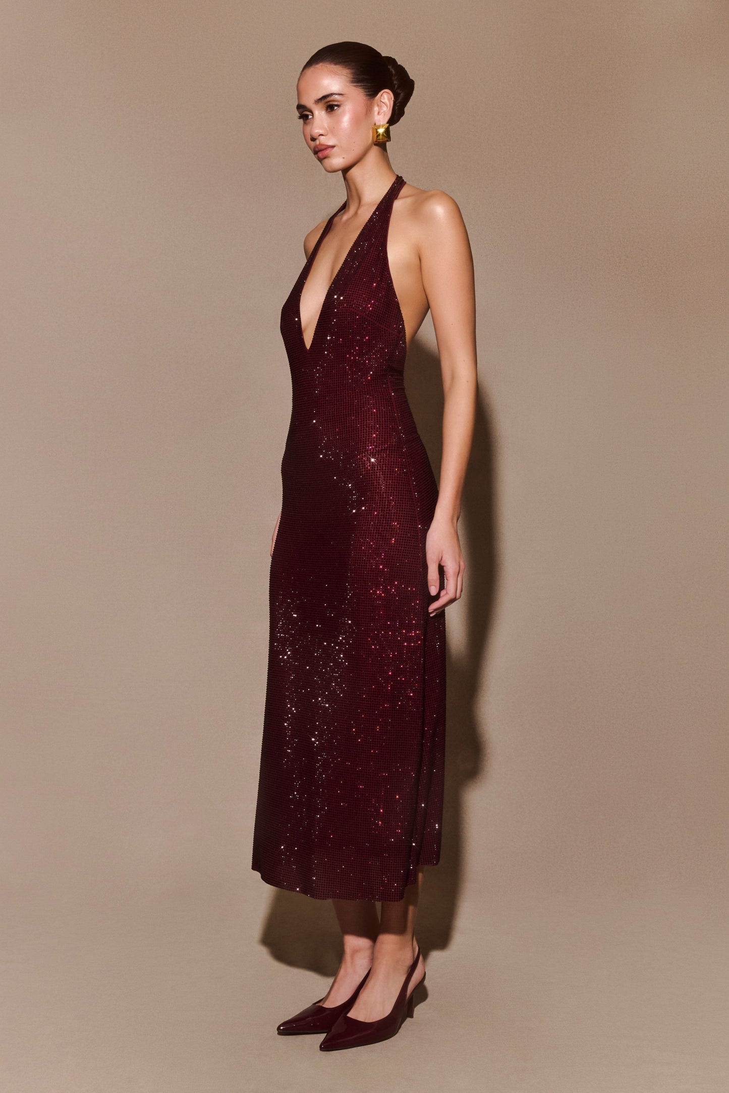 Deep V Neck Halter Sequin Shimmer Metallic Midi Dress