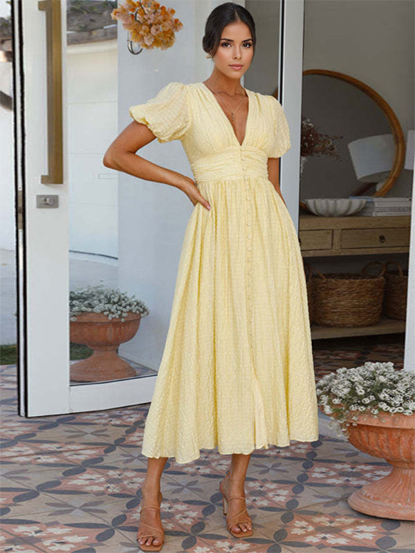 Butter Yellow Sundress Plunge Puff Sleeves Casual Summer Maxi Dress 2026