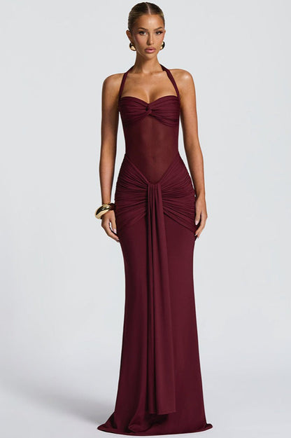 Halter Sweetheart Ruched Mesh Panel Cutout Front Drape Maxi Dress