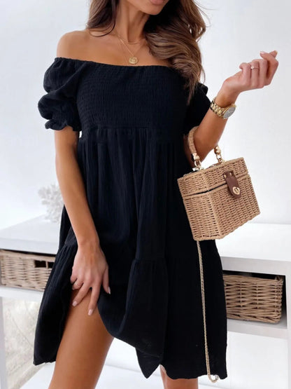 Smocked Off Shoulder Puff Sleeve Tiered Ruffle Hem Babydoll Mini Dress