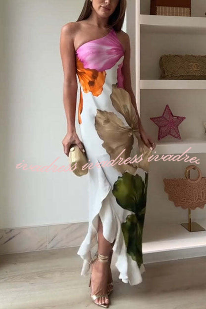 Love Filled Floral Print One Shoulder Side Ruffles Maxi Slip Dress