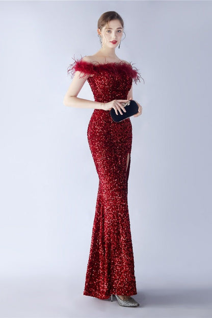Velvet Sequin Ostrich Feather Off Shoulder Formal Dress