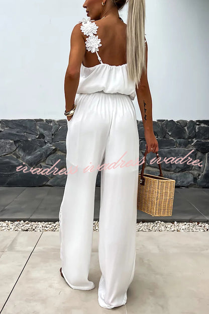 Solid Color Embroidered Flower Suspenders Casual Loose Jumpsuit